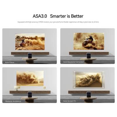 Product graphic titled 'ASA3.0 Smarter is Better' showing four projector features: Auto Focus, Auto Keystone Correction, Obstacle Avoidance, and Auto Screen Fit.<br>