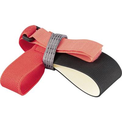 Three interlocked velcro cable ties, one red, one gray, and one black, forming a neat bundle.
