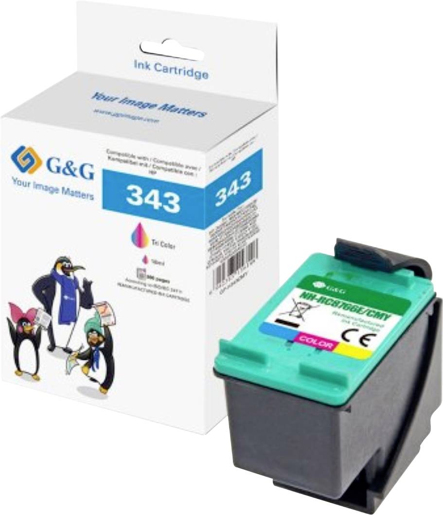 'Color ink cartridge, model 343, by G&G. Box includes graphics of penguins and text: Your Image Matters. Compatible with various printers.'