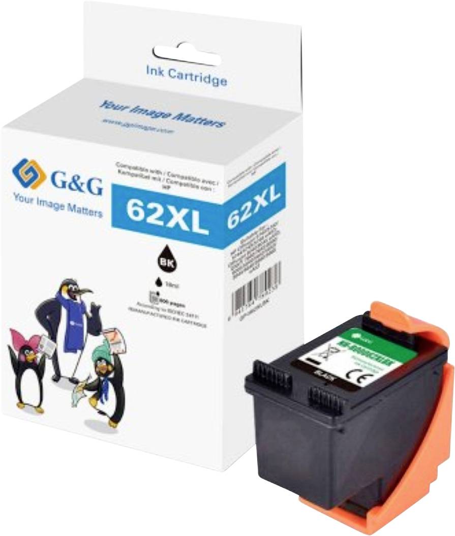 'Ink Cartridge 62XL' packaging with penguin cartoon. Box includes details: 'Your Image Matters,' black ink, compatible cartridge model numbers.
