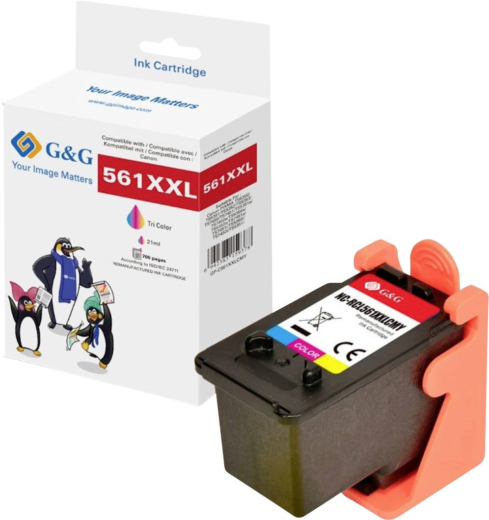 'A G&G 561XXL tri-color ink cartridge with packaging shown. Compatible with select printers, it contains 21ml of ink.'
