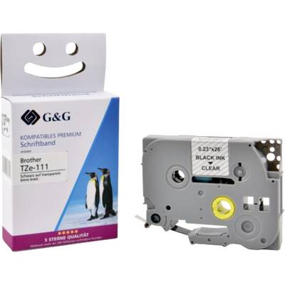 Printer label cartridge packaging with text 'G&G Kompatibles Premium Schriftband' on the box, and an image of penguins. The cartridge is shown beside the box.