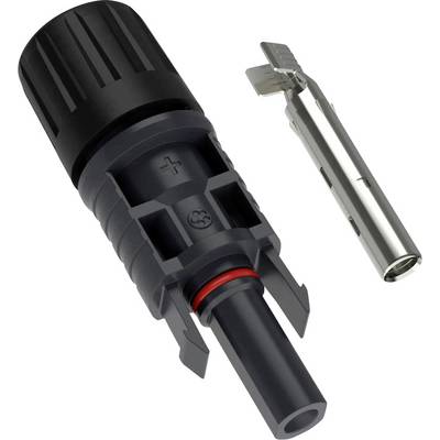 'MC4 connector parts: male plug with red ring and separate metal pin. Used for solar panel cable connections.'