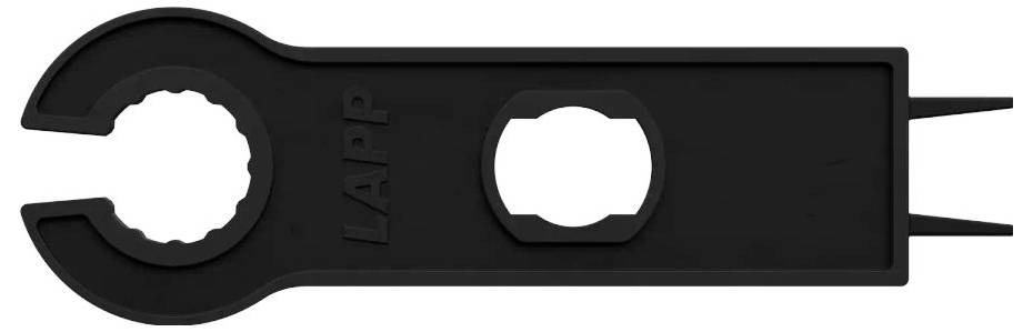 A black plastic tool with two wrench ends and a notch, used for securing cables. The brand name 'LAPP' is embossed on the handle.