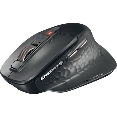 A black ergonomic computer mouse with textured grip and multiple buttons, including a scroll wheel and additional side buttons, labeled 'CHERRY'.