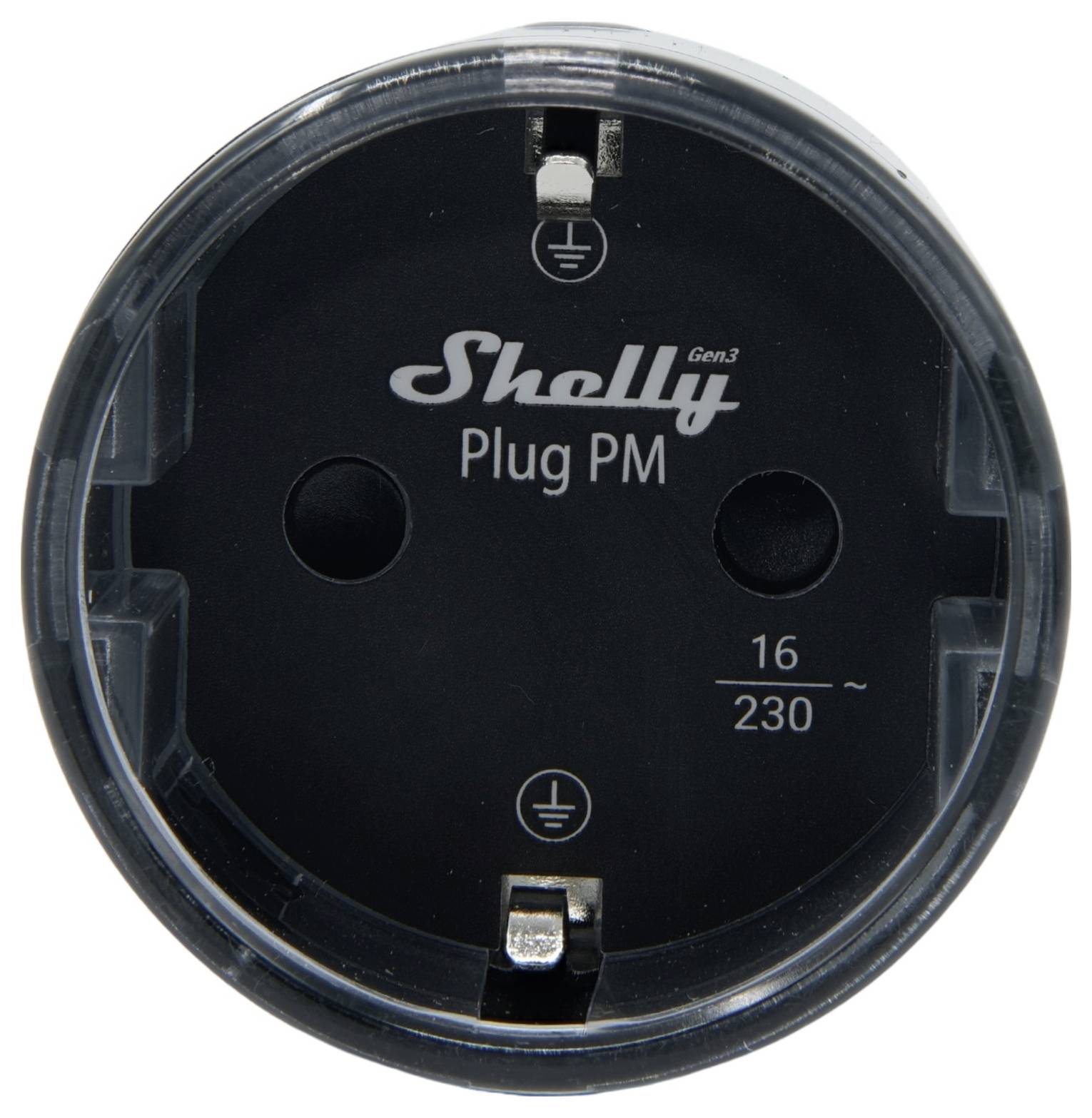 A black circular smart plug labeled 'Shelly Plug PM Gen 3' with electrical specifications 16A, 230V.