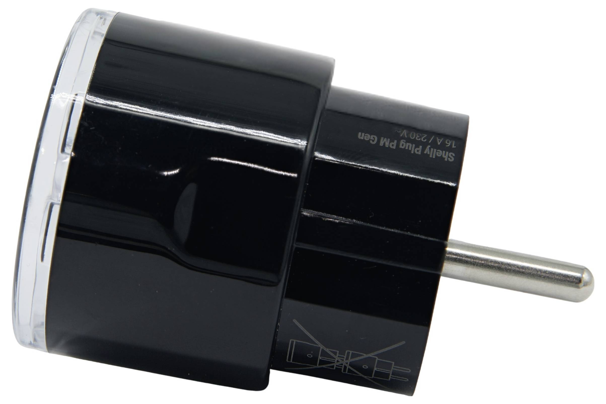 A black electrical plug adapter with a metallic prong and a smooth cylindrical body. Suitable for converting plug types.