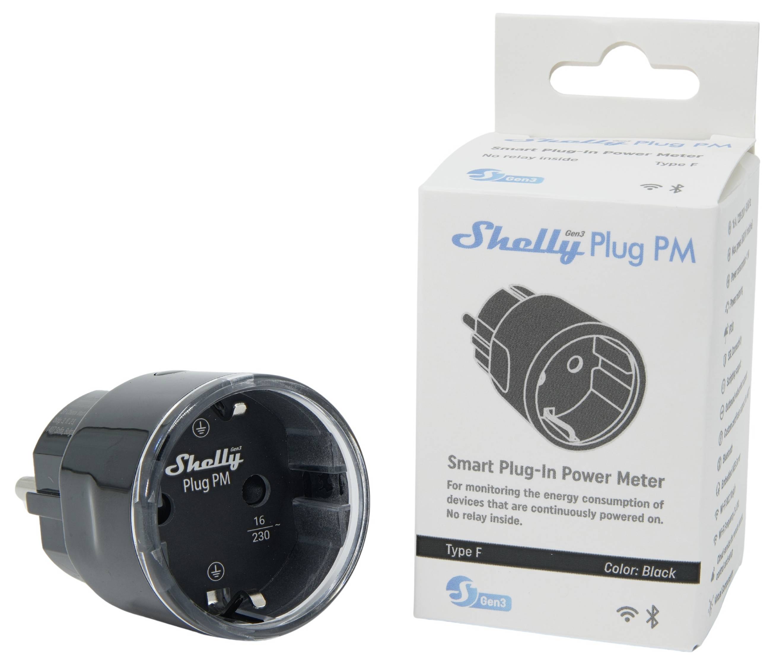 This image shows a 'Shelly Plug PM' next to its packaging box, highlighting its function as a smart plug-in power meter, Type F, color black.