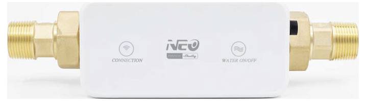 'Neo Smart Bladder' device showing Wi-Fi connection and water on/off indicators, with brass valve fittings on either side.