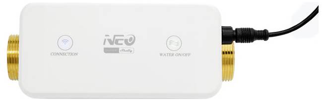 A rectangular smart water controller with two connectors on each end, labeled 'Connection' and 'Water On/Off', connected via a cable.