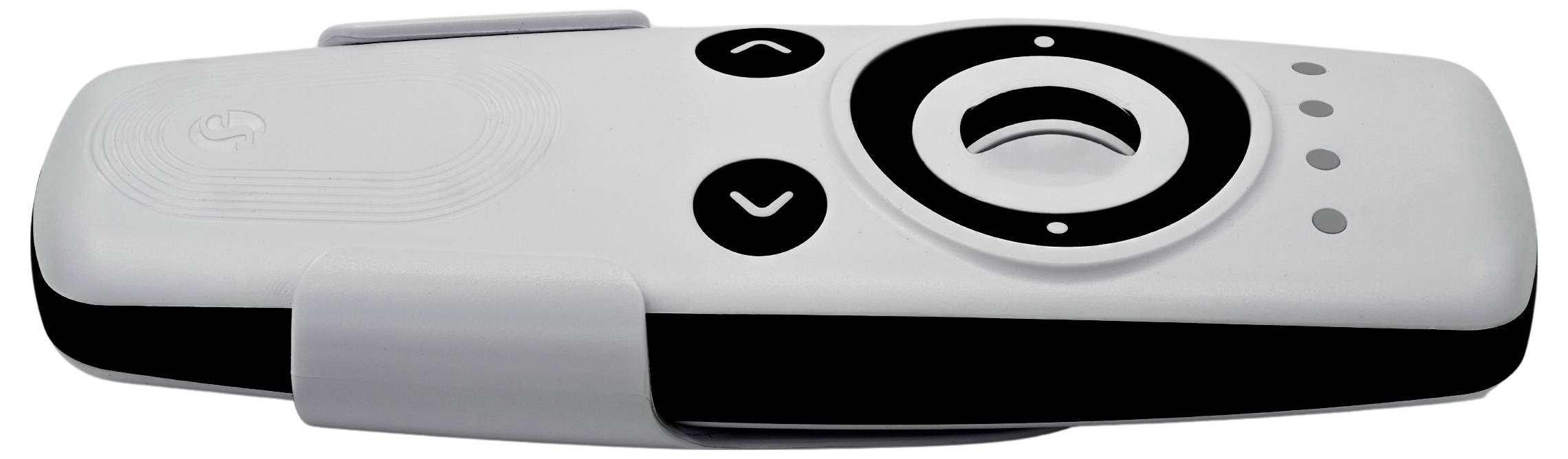 A white handheld remote control with black buttons and an LED indicator.