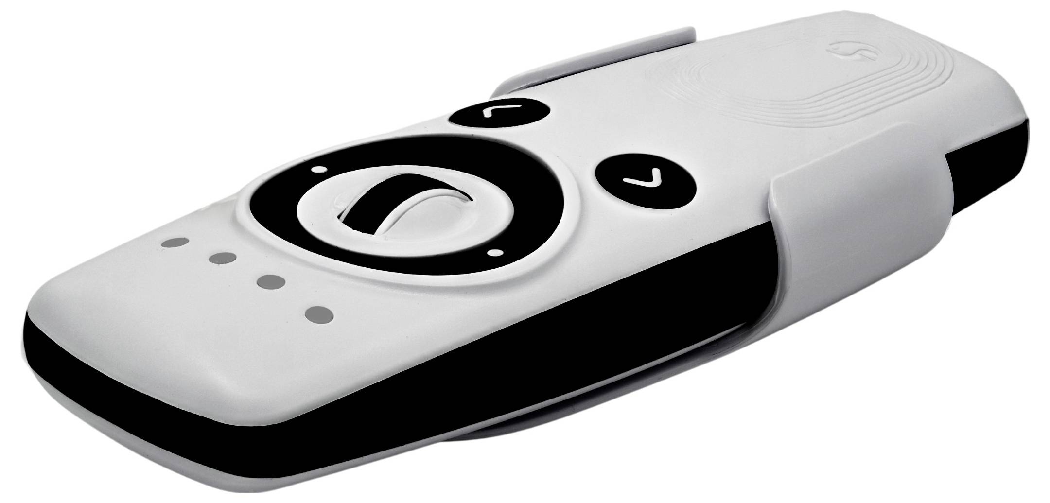 A white and black remote control with buttons for volume and channel adjustment, designed for ease of use and ergonomic handling.