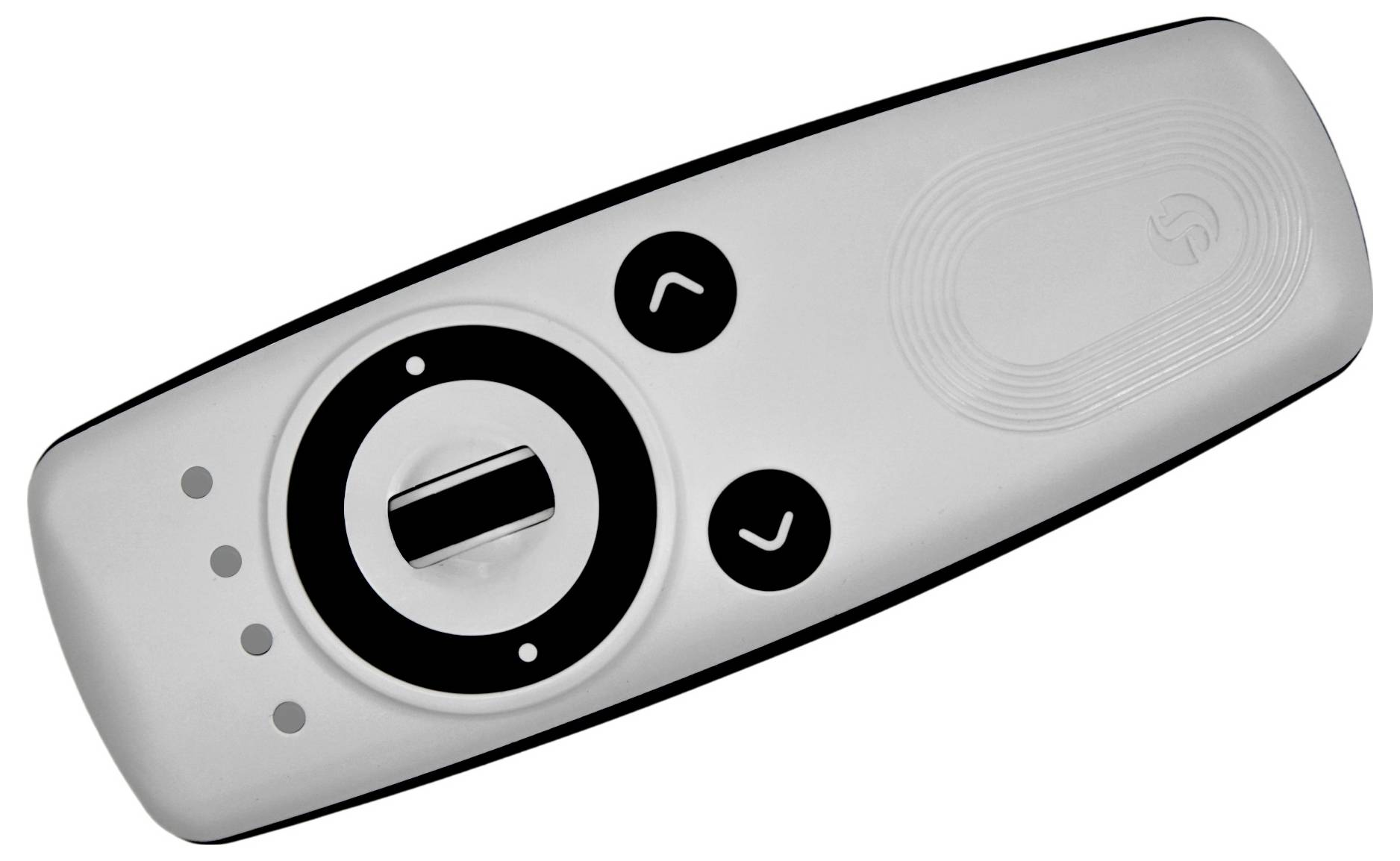 A grayscale close-up of a remote control with navigation buttons and a circular control pad, displaying power symbol at the top right.