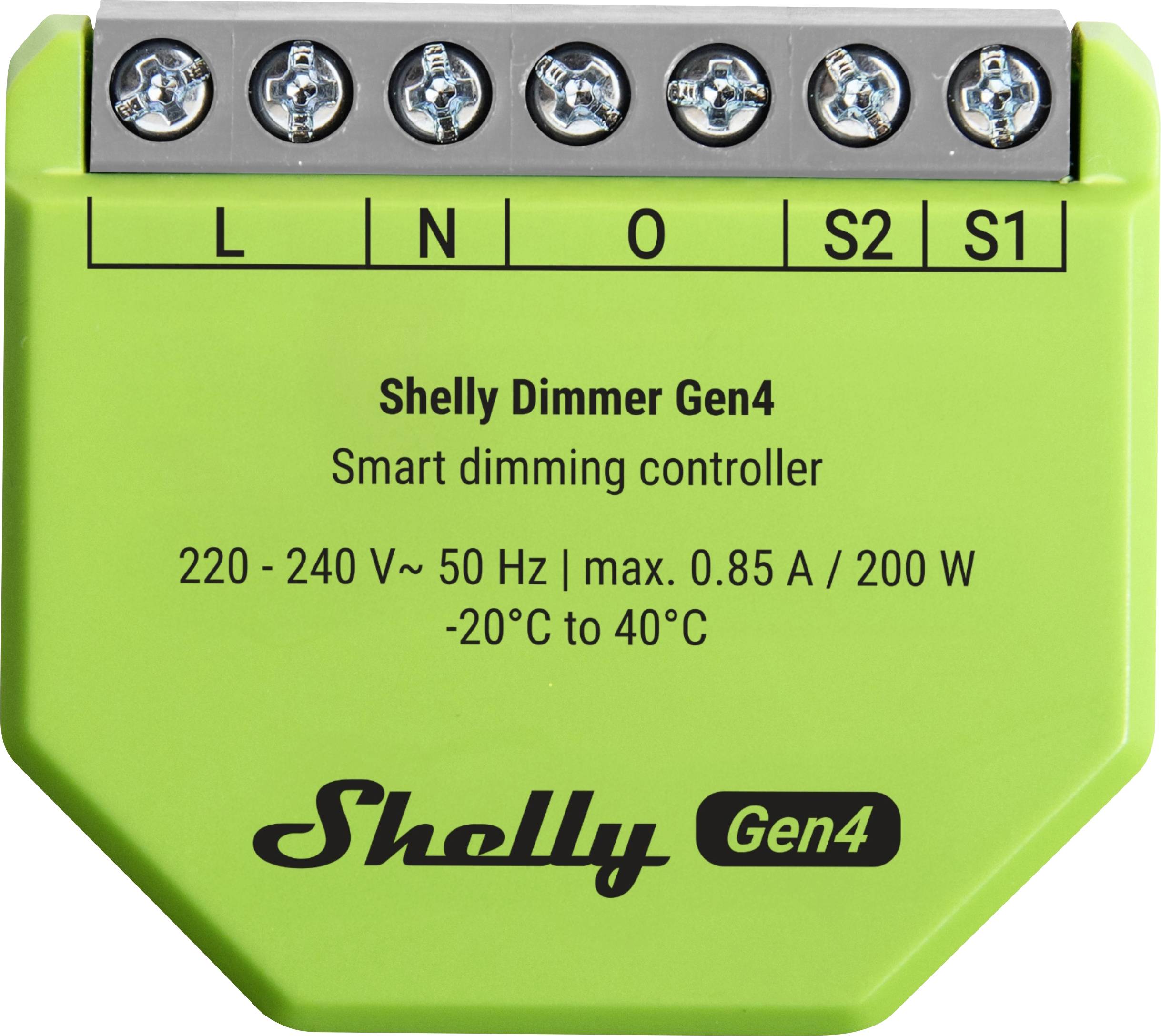 The image shows a green Shelly Dimmer Gen4, a smart dimming controller with connections labeled L, N, O, S2, S1; operates at 220-240V.