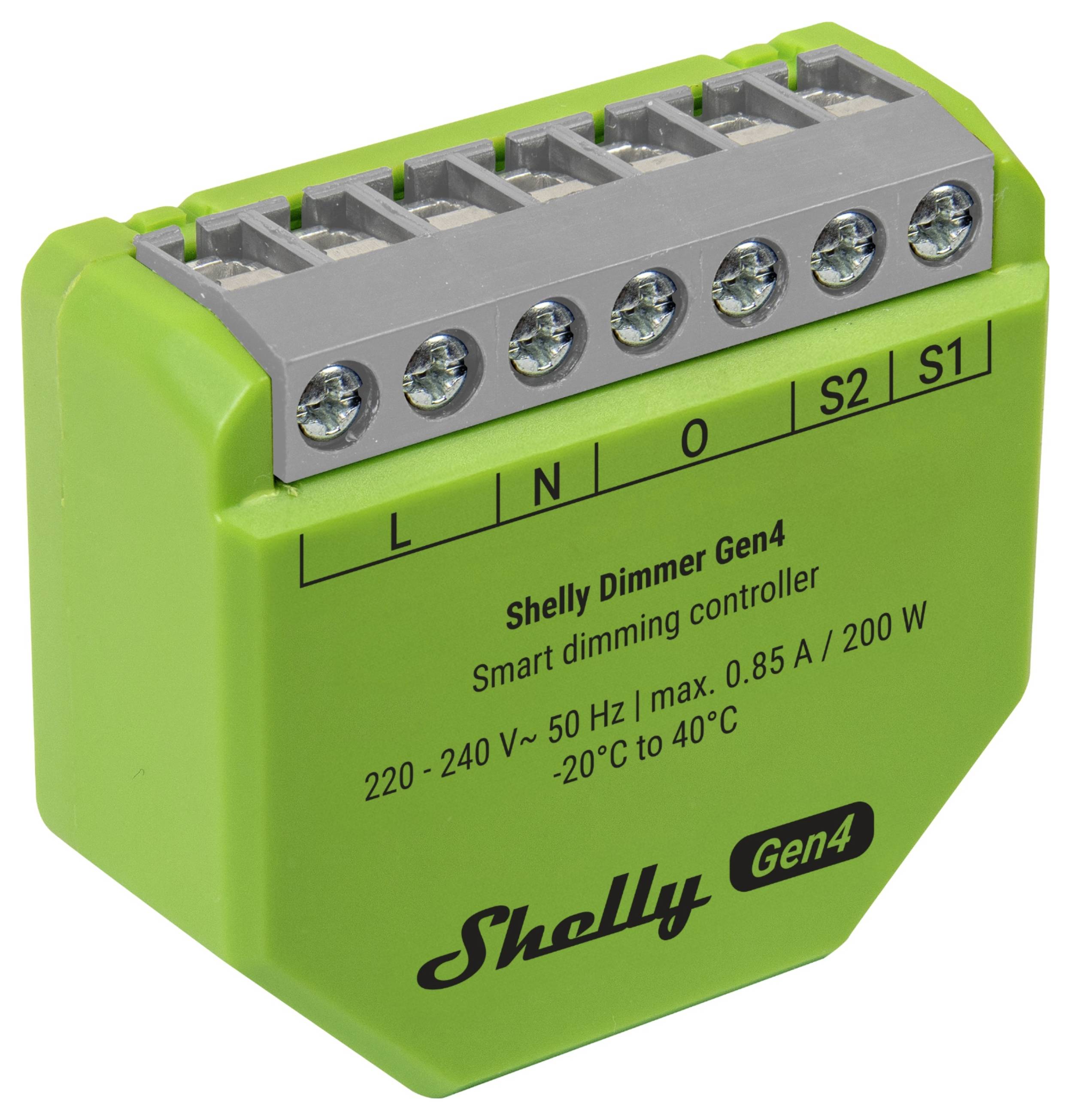Green Shelly Dimmer Gen4 showing electrical connections. Labeled with 'Smart dimming controller', specs: '220-240 V~, 50 Hz', '0.85 A, 200 W'.