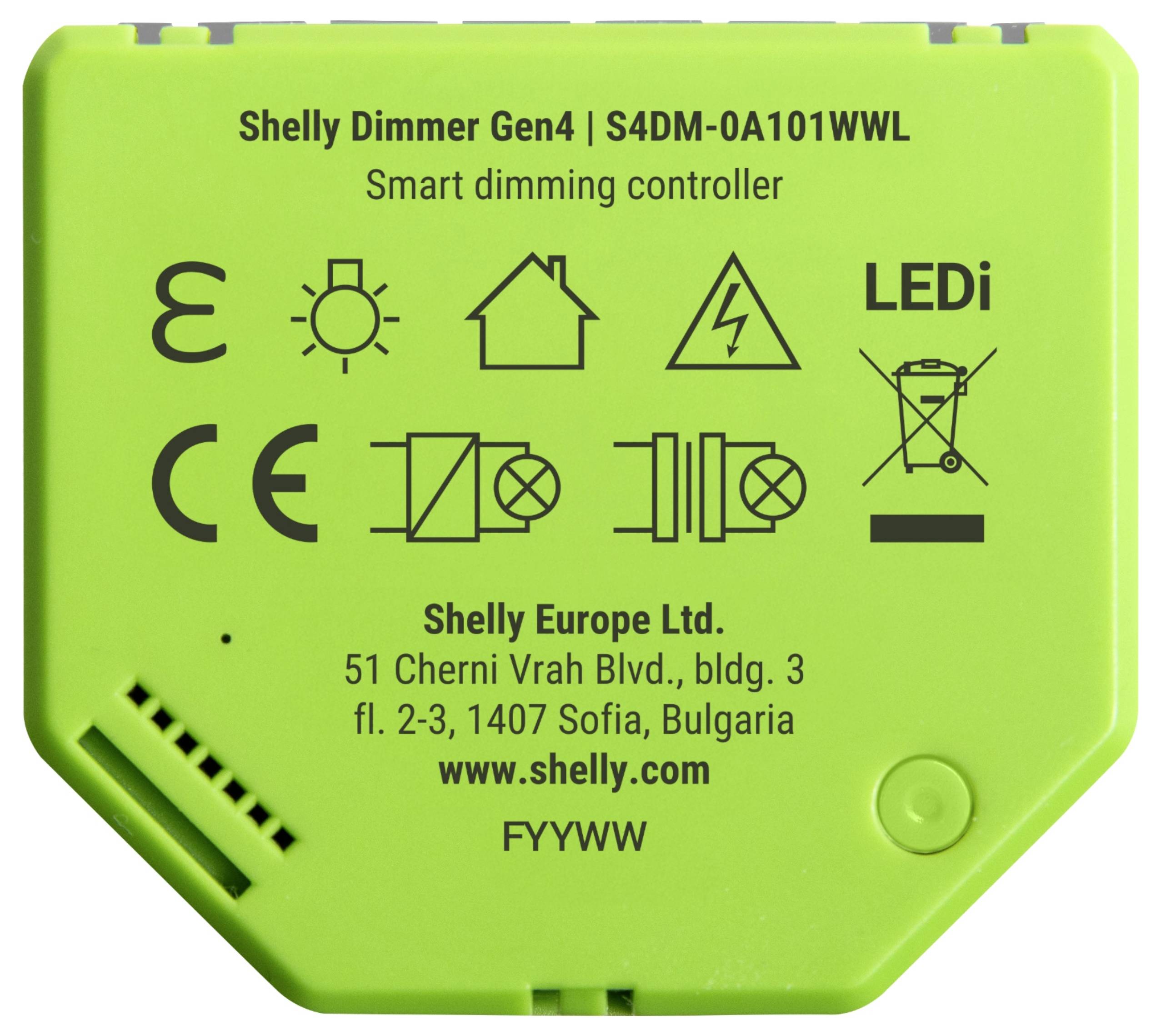 Green Shelly Dimmer Gen4 device labeled 'Smart dimming controller'. Features icons and contact info for Shelly Europe Ltd., Sofia, Bulgaria.