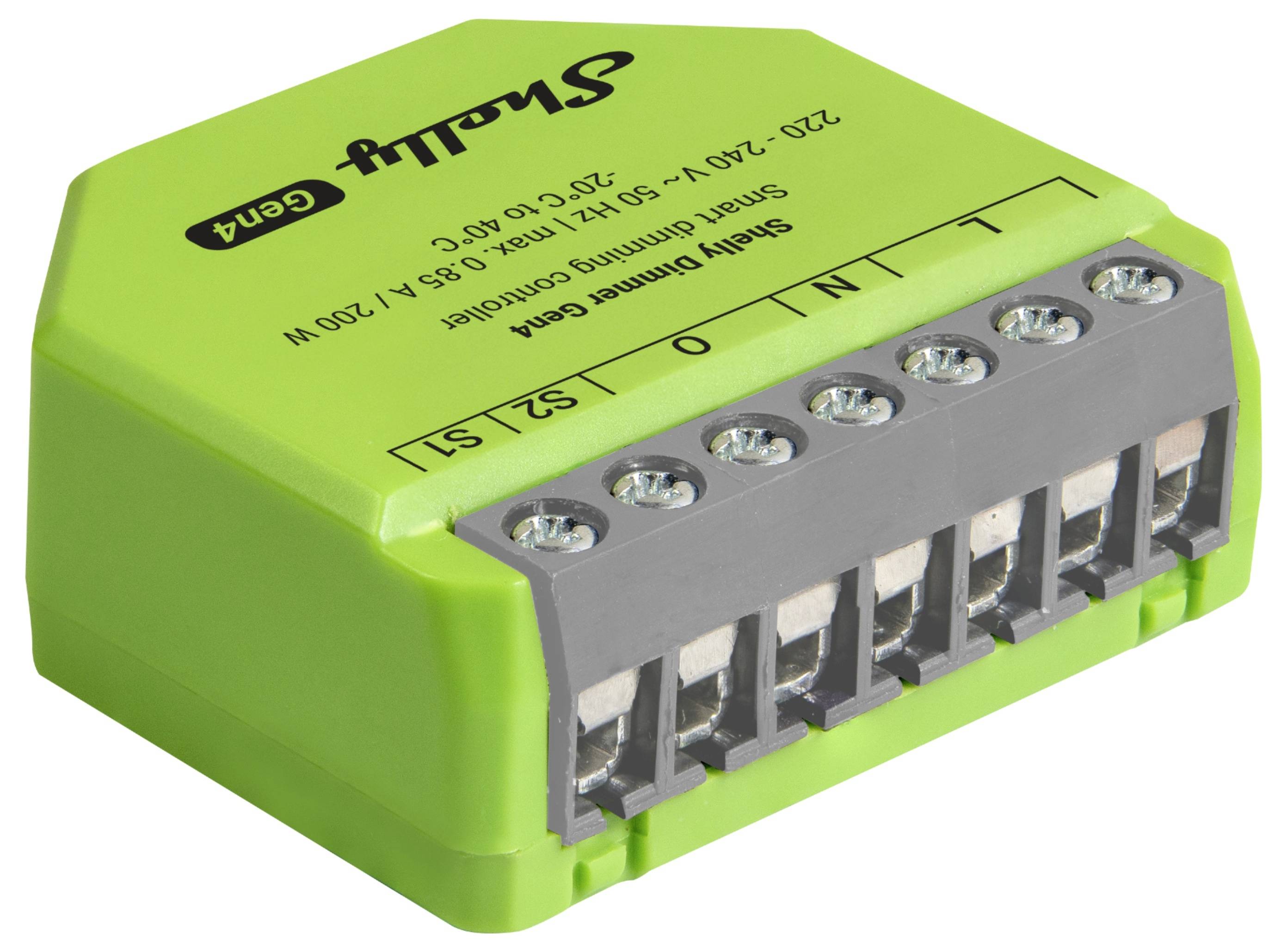 Green smart dimming control module with multiple screw terminals labeled L, N, O, S1, and S2, used for wiring connections.