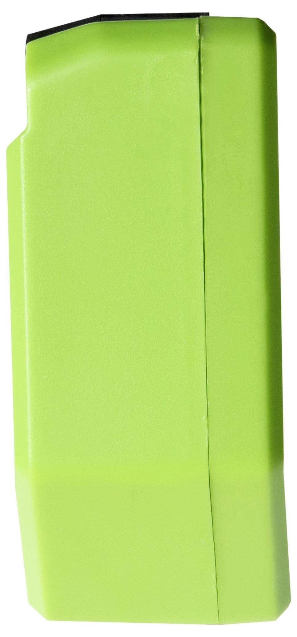 A green rectangular power tool battery pack standing upright on a white background.