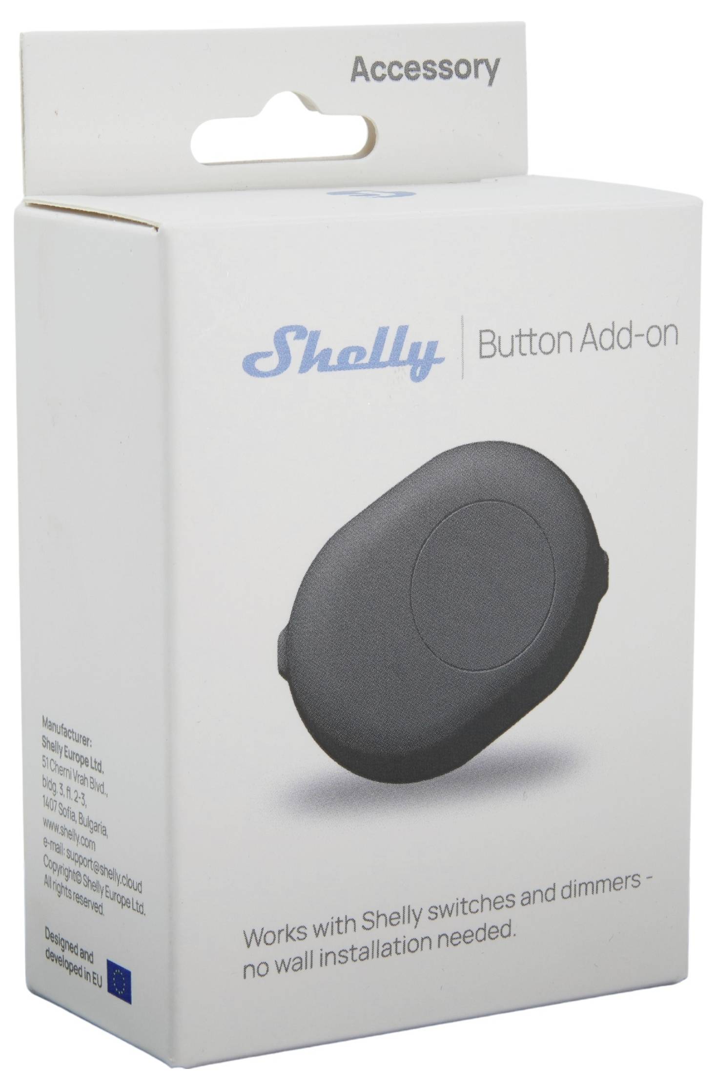 'Shelly Button Add-on' packaging, showing a gray button. Text: 'Works with Shelly switches and dimmers - no wall installation needed.'