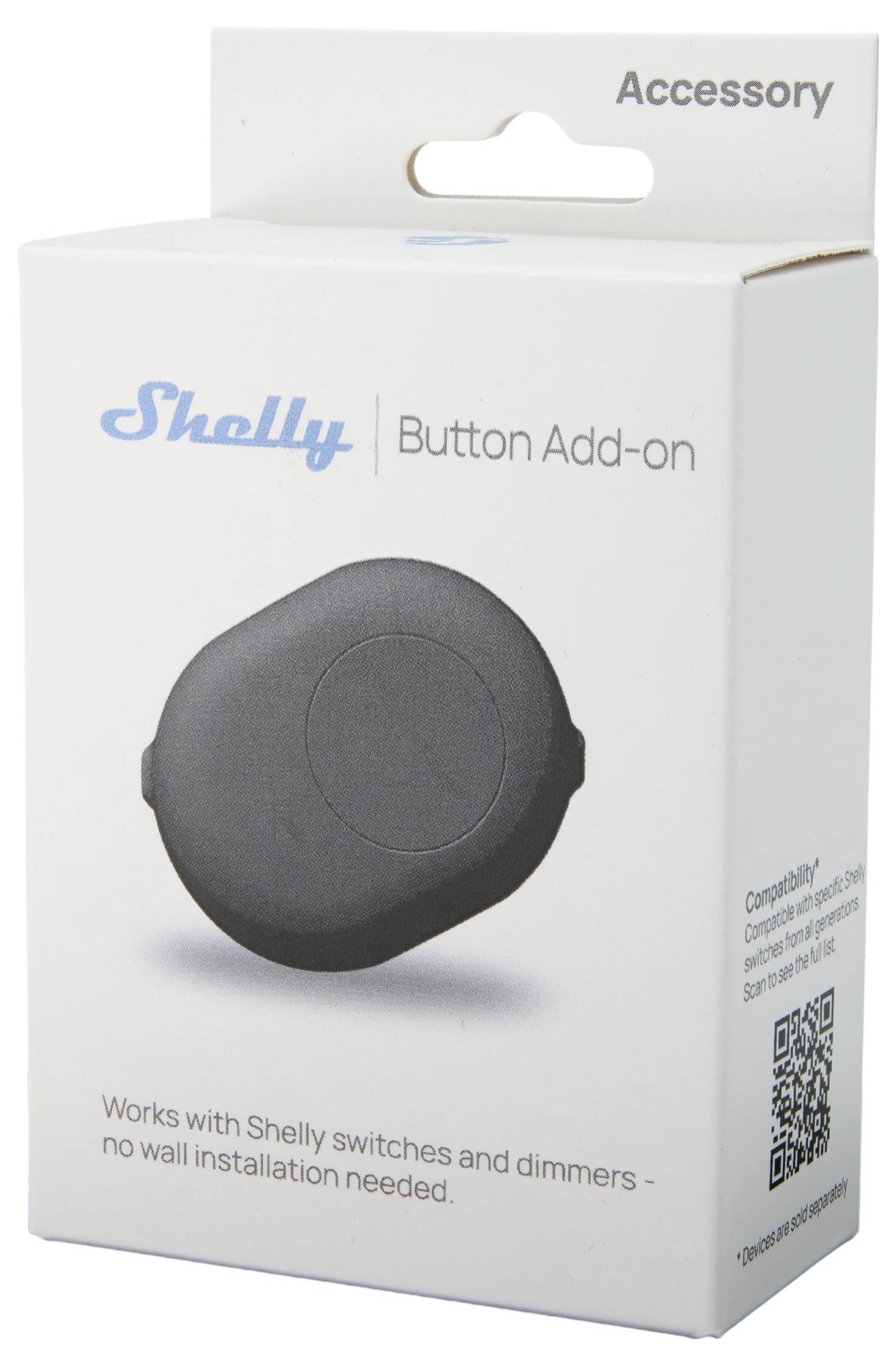'Shelly Button Add-on box, showing a button device. Compatible with Shelly switches and dimmers, no installation needed.'
