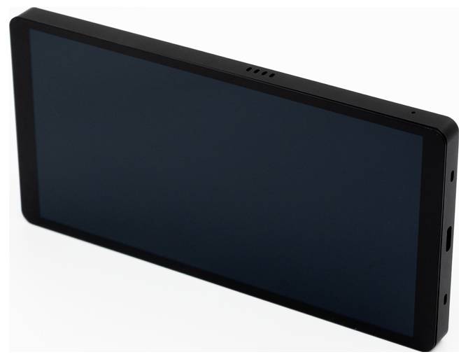 A black rectangular electronic display device with a dark screen, shown at an angle.