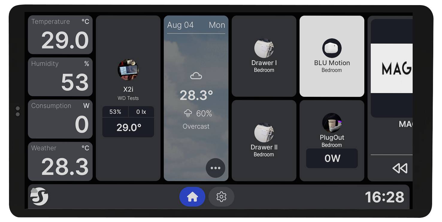 'Smart home dashboard showing temperature 29°C, humidity 53%, weather overcast, and power data. Includes icons for devices and time 16:28.'