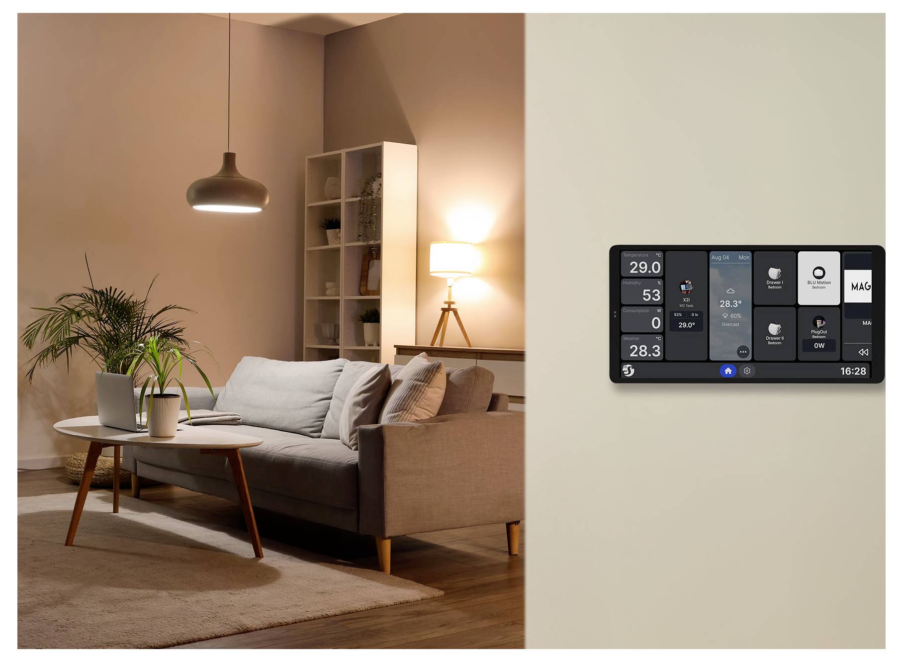 A modern living room with a grey sofa, round coffee table, and plants. A smart home control panel on the right wall displays climate settings.