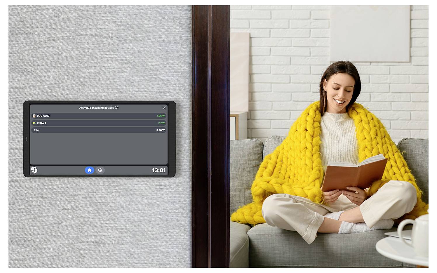 A woman reading a book on a sofa wrapped in a yellow blanket, next to a screen displaying electricity consumption in a home setting.
