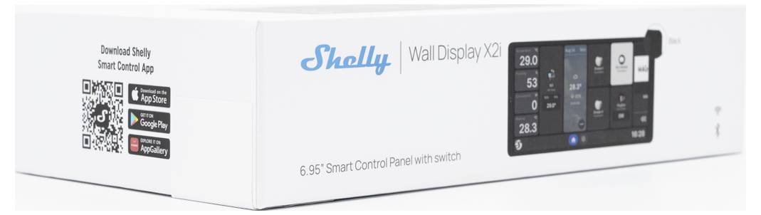 The image shows a box for a Shelly Wall Display X20, featuring a 6.86" smart control panel with a switch. QR codes link to app downloads.