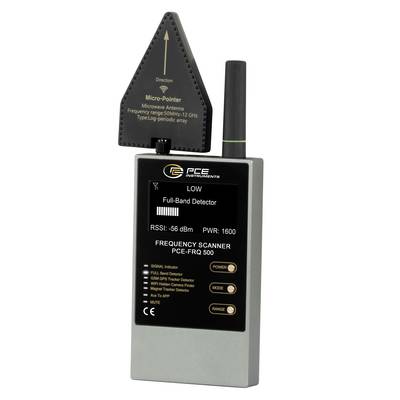 Handheld PCE frequency scanner with antenna and display showing 'LOW' full-band detector, RSSI -56 dBm, and power readout.