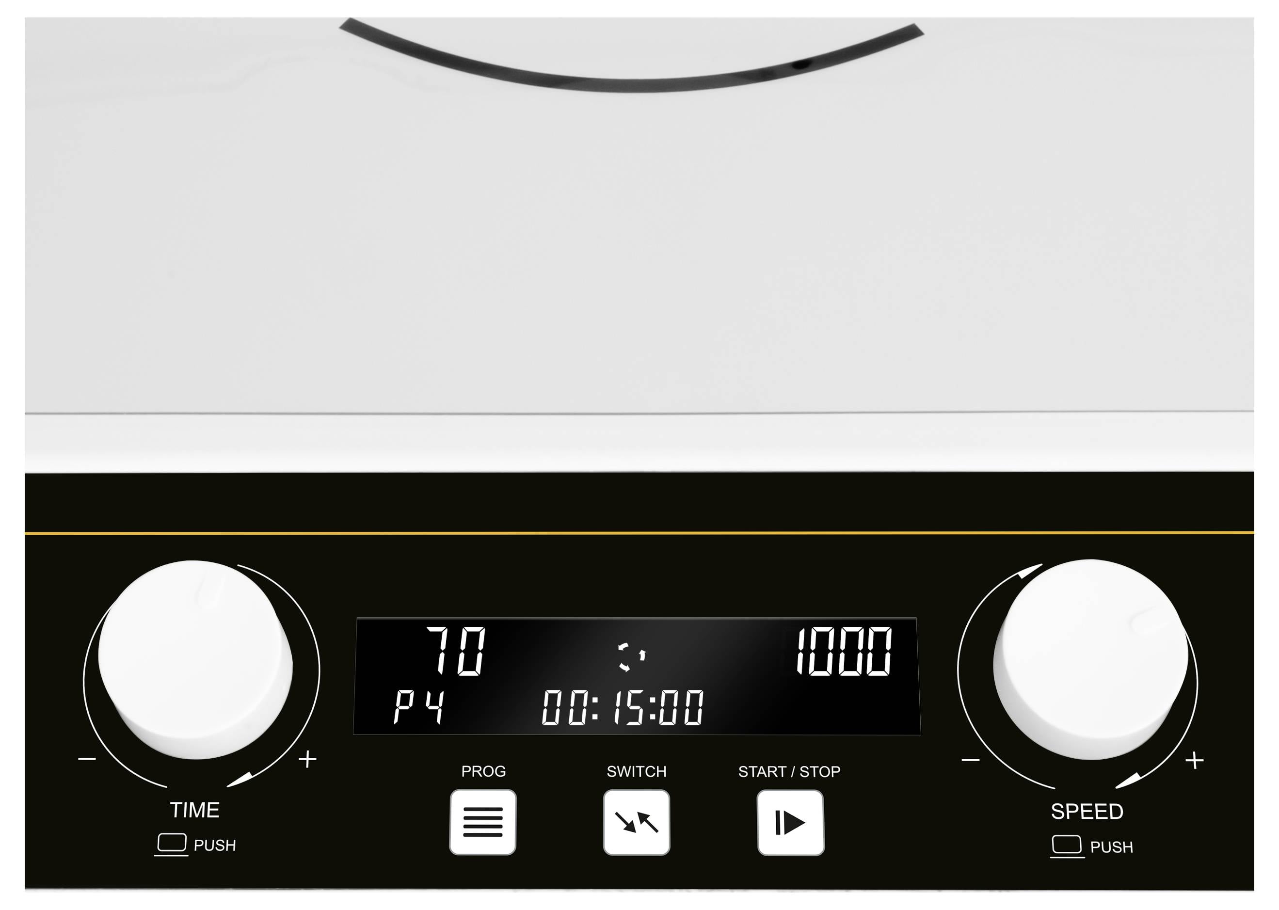 Digital appliance control panel with two large dials for time and speed, central display showing 70, P4, and 00:15:00, and buttons for program, switch, and start/stop.