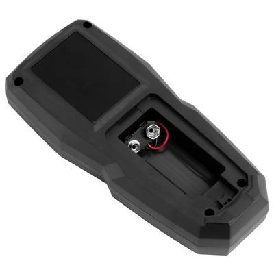 Black plastic electronic device casing with an open battery compartment showing red and black battery leads and terminal connectors.