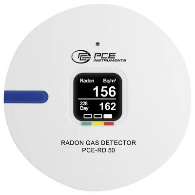 Round white PCE Instruments radon gas detector labeled 'RADON GAS DETECTOR PCE-RD 50' showing a digital radon reading of 156 Bq/m³.