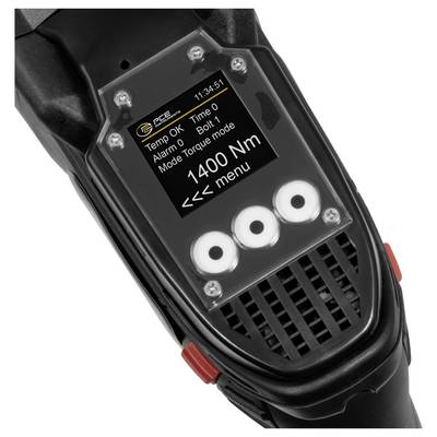 Handheld torque tool with digital display showing '1400 Nm' and menu/settings buttons.<br>