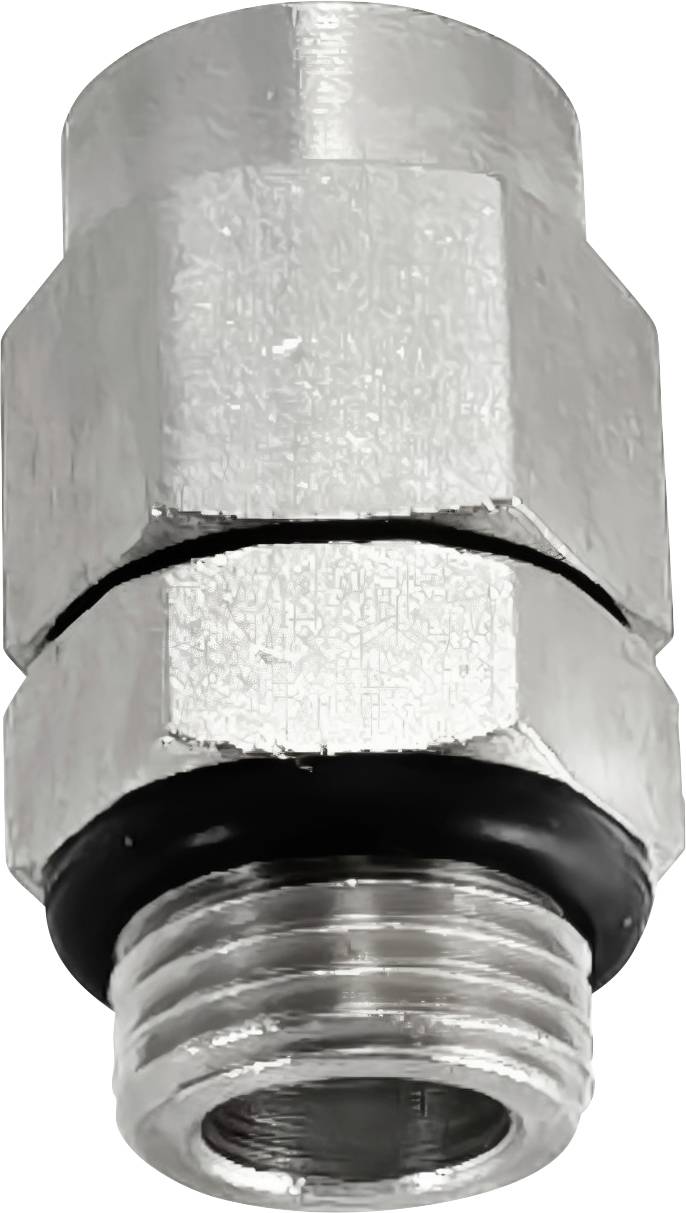 Close-up of a silver metal threaded pipe fitting or adapter with a black sealing ring.