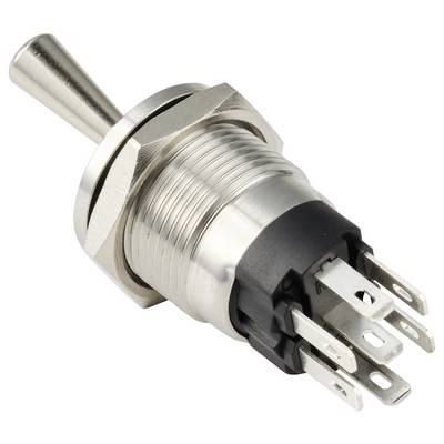 A silver toggle switch with six metal terminals, used for controlling electrical circuits. It has a cylindrical body with mounting hardware.
