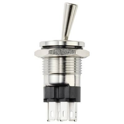 'A metallic toggle switch with a lever handle, threaded cylindrical body, hex nut, and multiple terminal prongs at the base.'