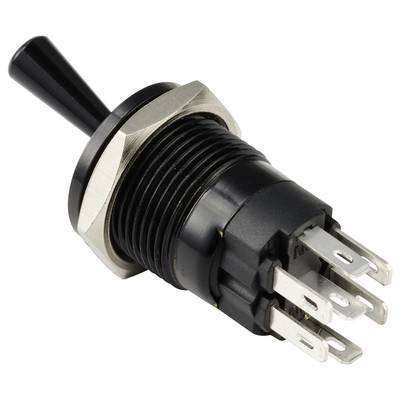 A black toggle switch with multiple metal terminals, used for turning an electrical circuit on or off.