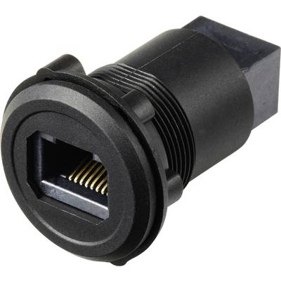 A black panel-mount RJ45 coupler with a female connector, used for ethernet cable connections, viewed at an angle.
