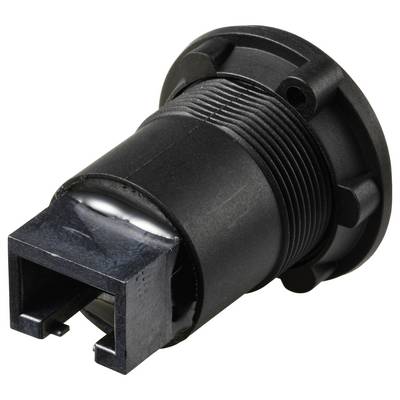 A close-up of a black cylindrical electrical connector with a threaded section and a squared opening at the end, used in cabling systems.
