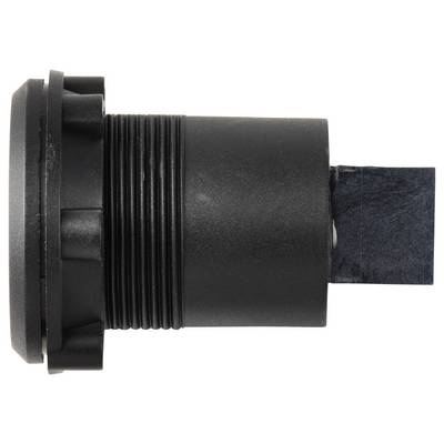 A black, cylindrical rotary switch with a grooved grip and a protruding flat-edged tab, used for controlling electronic devices.