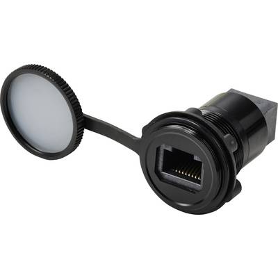A black RJ45 bulkhead connector with a protective cap, shown in a side view. The cap is attached to the connector by a flexible arm.