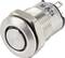 Metal push button switch with a black ring and '12V' marking, designed for electrical or automotive applications.
