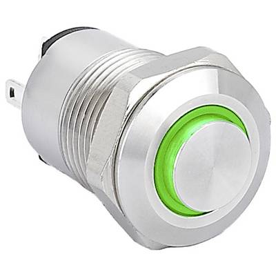 A metallic push button switch with a round, illuminated green LED indicator ring. The switch is cylindrical with threaded sides for mounting.