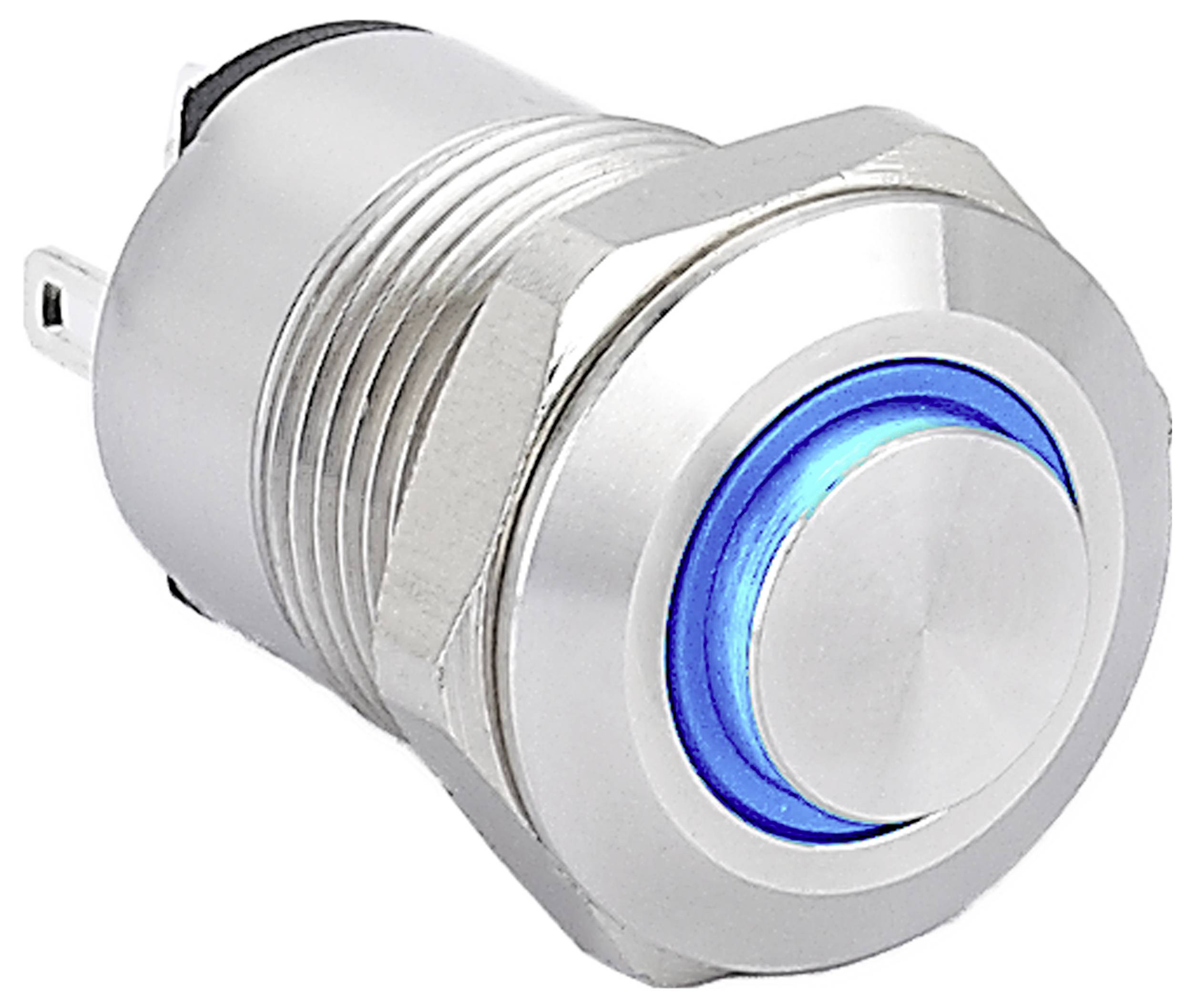 A metallic push button switch with a blue LED ring, designed for electronic devices.