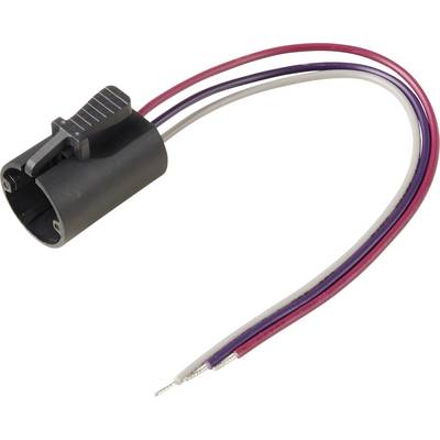 A black automotive connector with three attached wires: red, purple, and white, with stripped ends for electrical connection.