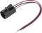 A black automotive connector with three attached wires: red, purple, and white, with stripped ends for electrical connection.