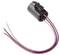 A black electrical connector with three colored wires: red, purple, and white. The wires are exposed at their ends.