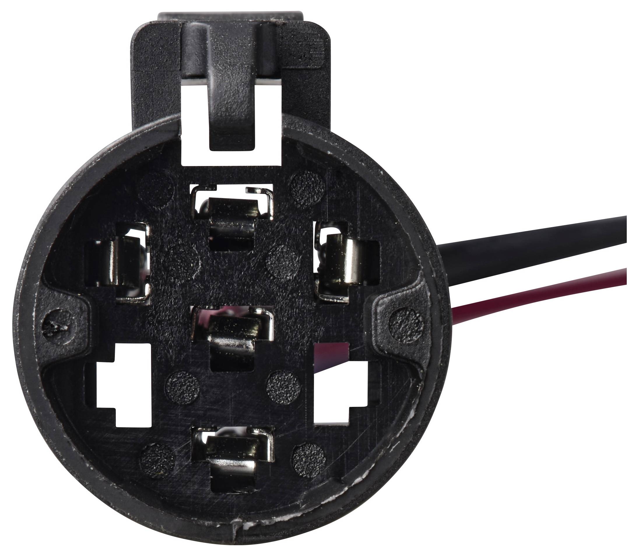 'A close-up of a round electrical connector with six metal pins and two attached wires, one black and one red, emerging from the side.'