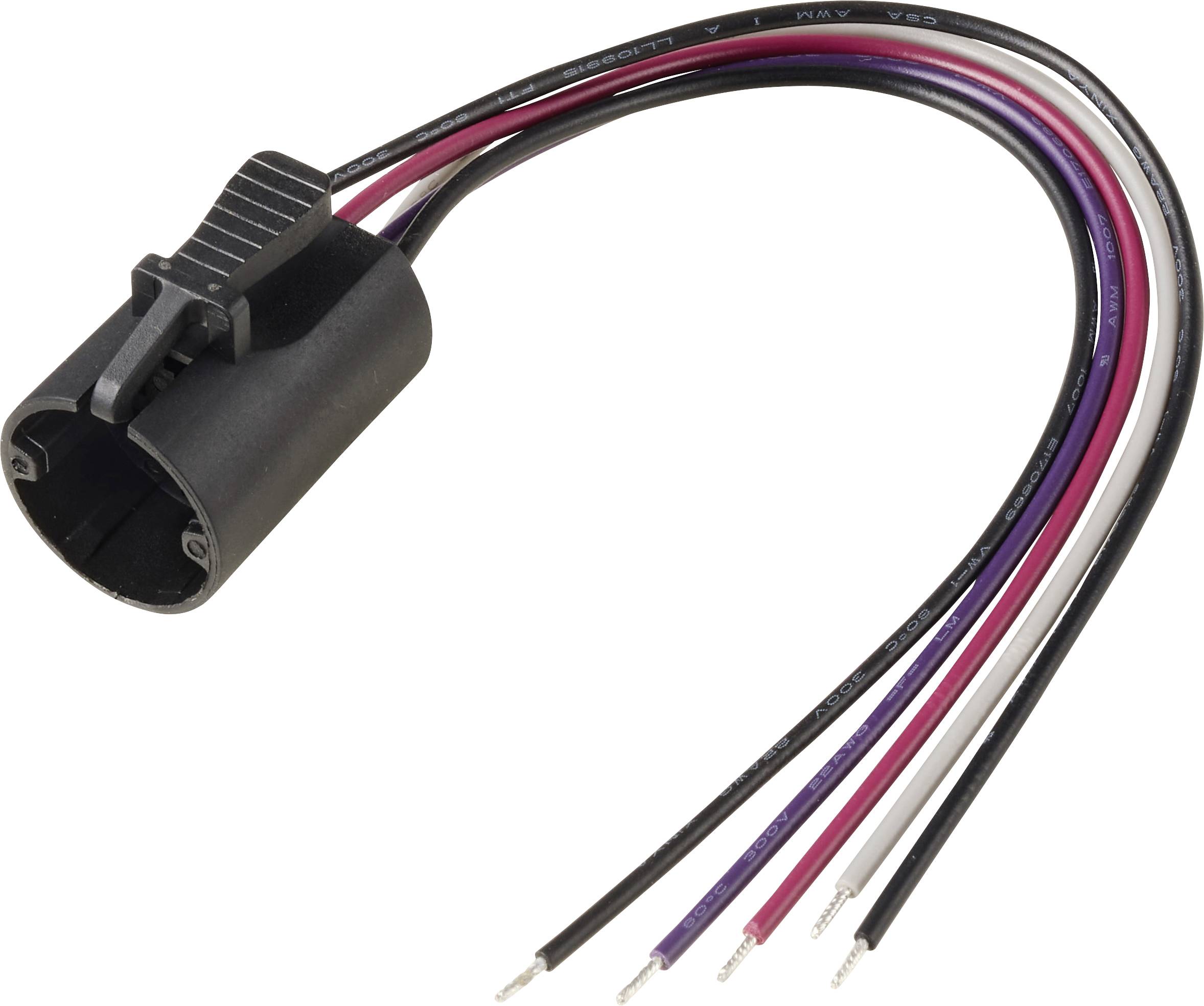 'A black automotive connector with five attached colored wires: black, red, white, purple, and pink, likely for electrical connections.'